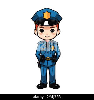 Simpatico poliziotto eroe in uniforme blu e capelli rossi, personaggio dei cartoni animati isolato sul bianco Illustrazione Vettoriale
