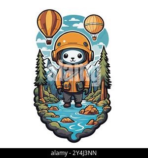 Simpatico piccolo cane viaggiatore in montagna con mongolfiere, personaggio dei cartoni animati isolato sul bianco Illustrazione Vettoriale