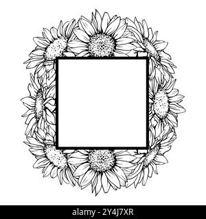 Cornice rotonda Girasoli con spazio per testo. Illustrazione vettoriale Fiori grafici disegno penna e inchiostro su sfondo bianco. Incisione botanica Illustrazione Vettoriale