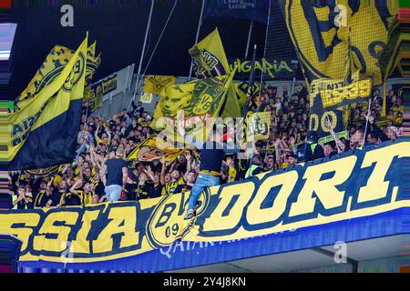 Brugge, Belgio. 18 settembre 2024. I tifosi del Borussia nella foto durante una partita di calcio tra il belga Club Brugge KV e il tedesco Borussia Dortmund, mercoledì 18 settembre 2024 a Brugge, il primo giorno della fase di UEFA Champions League. BELGA FOTO KURT DESPLENTER credito: Belga News Agency/Alamy Live News Foto Stock