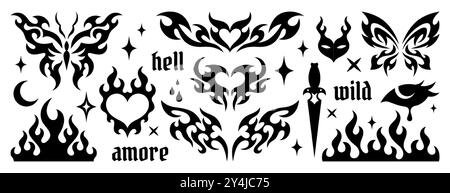 Set di adesivi per tatuaggi gotici Y2K. Ornamenti tribali neo, farfalla disegnata a mano emo alla moda, fiamma, cuore ardente, scritta graffiti. Icone estetiche gotiche nere neotribal, elemento di design cyber-sigilismo Illustrazione Vettoriale