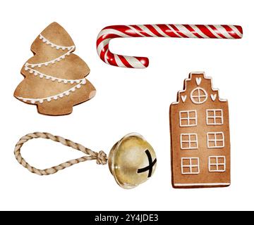 Set illustrativo di biscotti natalizi, caramelle e acquerello a campana Foto Stock