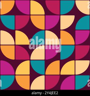 Pattern vettoriale geometrico senza cuciture Bauhaus, triangoli arrotondati astratti vettoriali. Giallo, verde acqua, rosso. Illustrazione vettoriale Illustrazione Vettoriale