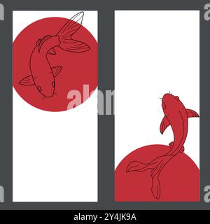 Design del biglietto di auguri di Capodanno cinese con pesci koi giapponesi. Illustrazione vettoriale, semplice stile di disegno dello schizzo Illustrazione Vettoriale