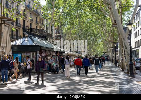 La gente passeggia lungo la Rambla, una delle zone pedonali più famose di Barcellona. Foto Stock