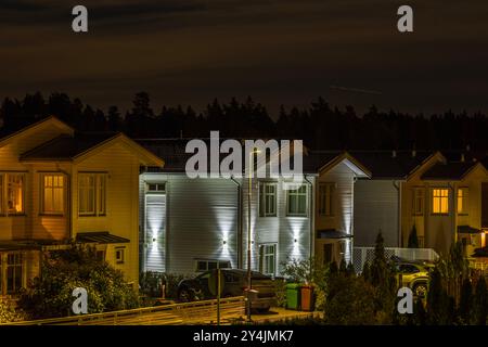 Vista notturna del quartiere periferico con case moderne illuminate da un'illuminazione calda e fredda. Tranquilla strada residenziale sotto il cielo buio. Foto Stock