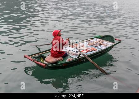 Negozi galleggianti - barche a ha Long Bay, Vietnam, che vendono prodotti ai visitatori su barche turistiche Foto Stock