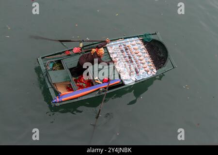 Negozi galleggianti - barche a ha Long Bay, Vietnam, che vendono prodotti ai visitatori su barche turistiche Foto Stock