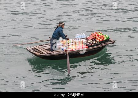 Negozi galleggianti - barche a ha Long Bay, Vietnam, che vendono prodotti ai visitatori su barche turistiche Foto Stock