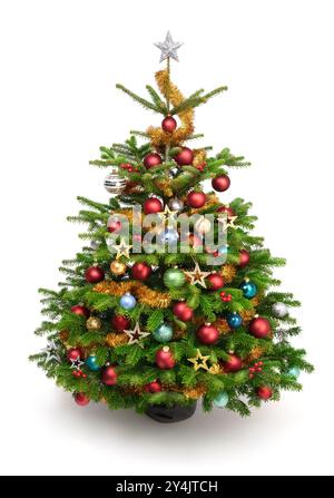 Delizioso albero di Natale con ornamenti colorati e una stella di prim'ordine, studio isolato su bianco puro Foto Stock
