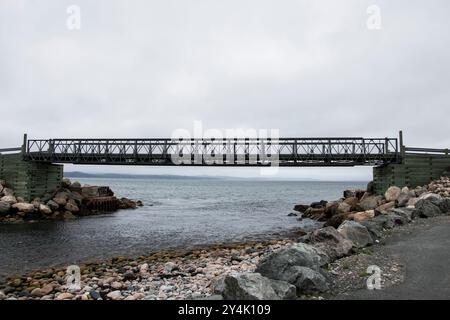 Ponte pedonale, precedentemente un ponte ferroviario, a Seal Cove, Conception Bay South, Newfoundland & Labrador, Canada Foto Stock