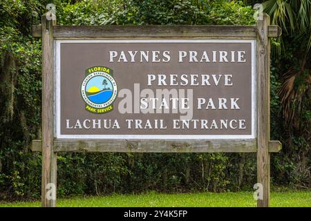 Cartello d'ingresso per la Chua Trail al Paynes Prairie Preserve State Park a Gainesville, Florida. (USA) Foto Stock