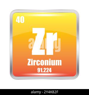 Icona dello zirconio. Elemento chimico ZR. Numero atomico 40. Massa 91.224. Immagine quadrata gialla. Simbolo vettoriale. Illustrazione Vettoriale