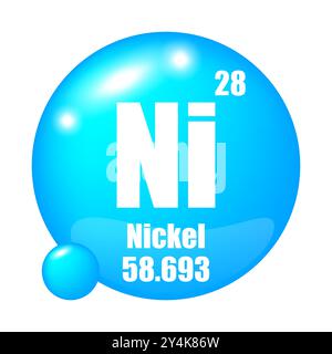 Icona nichel. Elemento chimico Ni. Numero atomico 28. Massa 58.693. Immagine sfera blu. Simbolo vettoriale. Illustrazione Vettoriale