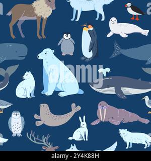 Schema senza cuciture con animali cartoni animati artici e antartici. Illustrazione vettoriale disegnata a mano. Illustrazione Vettoriale