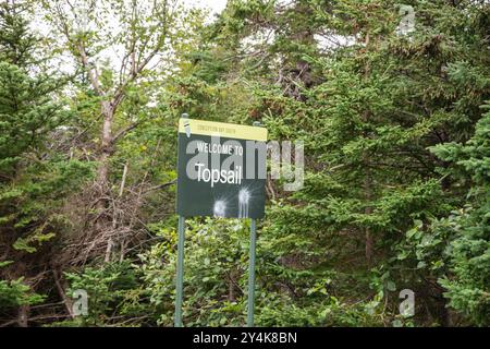 Benvenuto al cartello Topsail su Topsail Road a Conception Bay South, Terranova & Labrador, Canada Foto Stock