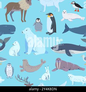 Schema senza cuciture con animali cartoni animati artici e antartici. Illustrazione vettoriale disegnata a mano. Illustrazione Vettoriale