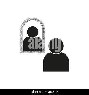 Icona di riflessione della persona. Specchio e figura. Silhouette umana nello specchio. Simbolo di autoriflessione. Illustrazione Vettoriale