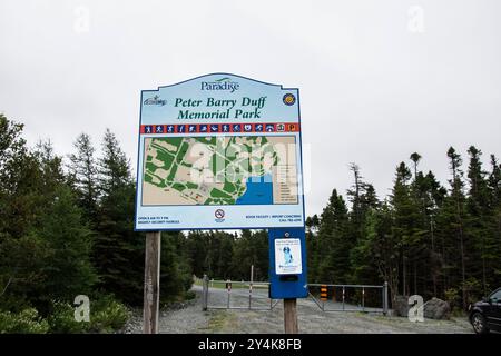 Benvenuto al cartello del Peter Barry Duff Memorial Park su Topsail Pond Road a Paradise, Newfoundland & Labrador, Canada Foto Stock