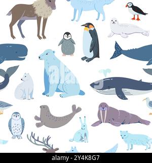 Schema senza cuciture con animali cartoni animati artici e antartici. Illustrazione vettoriale disegnata a mano. Illustrazione Vettoriale