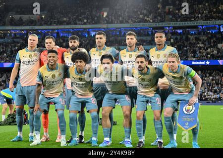 Manchester, Regno Unito. 18 settembre 2024. Manchester City posa per una foto pre-partita della squadra prima della partita di UEFA Champions League Manchester City vs Inter Milan all'Etihad Stadium di Manchester, Regno Unito, 18 settembre 2024 (foto di Cody Froggatt/News Images) a Manchester, Regno Unito, il 18 settembre 2024. (Foto di Cody Froggatt/News Images/Sipa USA) credito: SIPA USA/Alamy Live News Foto Stock