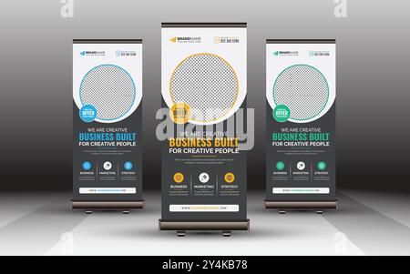 Design di modelli di banner Roll Up Professional Creative Corporate Business su sfondo nero con variazioni di colore blu, giallo e verde Illustrazione Vettoriale