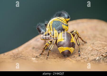 Ragno giallo e nero che salta su una foglia marrone con le sue otto gambe e i suoi grandi occhi. Foto Stock