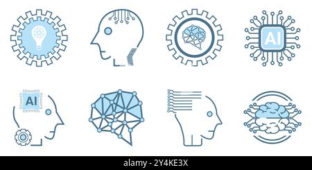 Icona di intelligenza artificiale, raccolta di simboli, icona di intelligenza artificiale con linee isolate, icone di linea di intelligenza artificiale. Insieme di cervello, cibernetico, ai Illustrazione Vettoriale