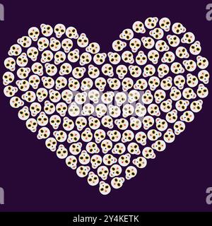 Teschi di zucchero a forma di cuore il giorno della morte texture decorativa dello sfondo. Messaggio di saluto o idea di sfondo. Involucro per illustrazioni vettoriali, schede, poster, banner, brochure, opuscolo, prezzo, etichetta o web, promozione Illustrazione Vettoriale