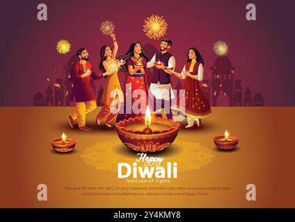 Festa indiana delle luci felice Diwali con famiglia felice, sfondo delle vacanze, biglietto d'auguri per la celebrazione Diwali, illustrazione vettoriale. Illustrazione Vettoriale