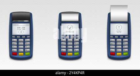 Terminali POS impostati isolati su sfondo trasparente. Illustrazione vettoriale realistica della vista dall'alto del terminale di pagamento, pulsanti, testo sul display, ricevuta cartacea, dispositivo bancario per il trasferimento di denaro senza contanti Illustrazione Vettoriale