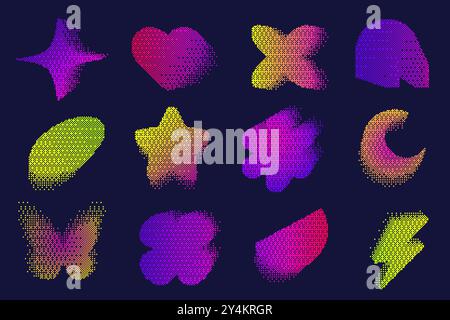 Forme di pattern pixel. Fiore e stella a cuore testurizzato con gradiente dithering bitmap Y2K. Farfalla vettoriale retrò con un vecchio effetto grafico di gioco per computer Illustrazione Vettoriale