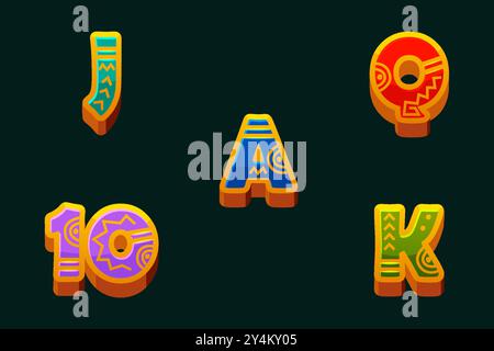 Set di simboli slot-Ace, Regina, Re, 10, Jack. Stile Maya o Aztec. Icone per giochi 2D e casinò o slot. Elementi grafici per lo sviluppo di Illustrazione Vettoriale