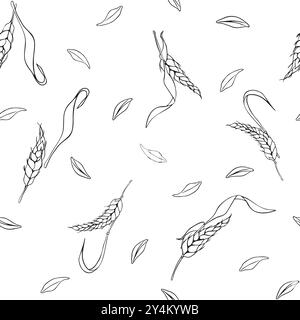 Orecchio di frumento, orzo monocromatico modello vettoriale senza cuciture isolato. Consistenza ripetuta di pisello di segale, contorno bianco nero grani dipinto con inchiostro per Illustrazione Vettoriale