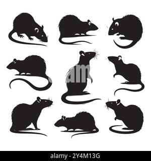 Set di vettori di silhouette di ratto su sfondo bianco Illustrazione Vettoriale