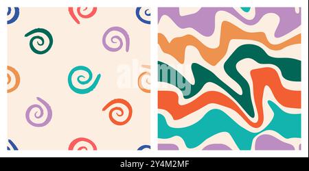 Fantasia senza cuciture e giocosa con elica a doodle e turbolenza ondulata. Sfondi contemporanei colorati e alla moda per i bambini. Stile boho alla moda su sfondo beige. Illustrazione Vettoriale
