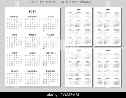 2025, 2026, 2027, 2028, 2029 calendari italiani (calendario italiano). Serie di anni di illustrazione vettoriale modificabile per l'Italia Illustrazione Vettoriale