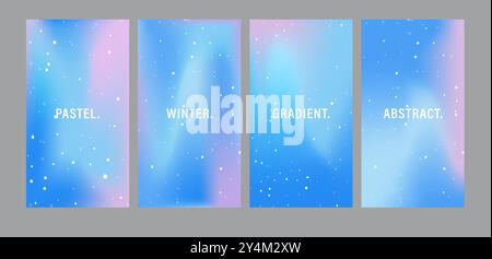 Sfondo invernale pastello gradiente. Poster iridescenti. Set di banner Neon alla moda per i social media. Carta da parati sfocati con fiocchi di neve Illustrazione Vettoriale