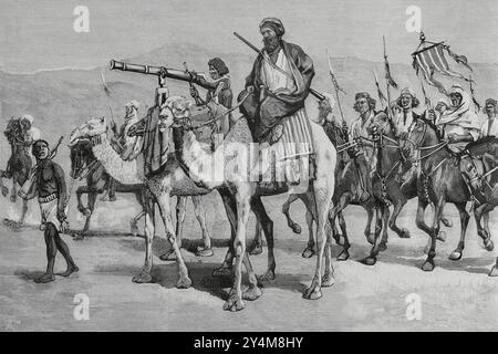 Guerra mahdista (1881-1899). Affrontò i seguaci del leader religioso sudanese Muhammad Ahmad bin Abdullah bin Fahal, l'autoproclamato Mahdi, contro le truppe chhedivate egiziane, che in seguito furono unite dalle forze britanniche. L'insurrezione sudanese. Un raid delle truppe del Mahdi vicino a Suakin, dove era ospitato il quartier generale delle truppe anglo-egiziane. Incisione di Bernardo Rico. La Ilustración Española y americana (The Spanish and American Illustration), 15 febbraio 1884. Foto Stock