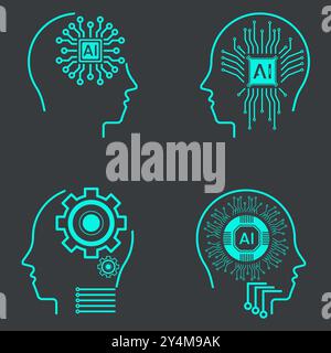 Raccolta di icone di intelligenza artificiale con stile di linea, apprendimento automatico, testa robotica intelligente e tecnologia di intelligenza artificiale digitale di rete di cloud computing Illustrazione Vettoriale