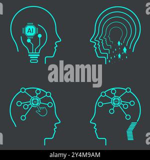 L'icona del gruppo di IA viene impostata su sfondo scuro. Raccolta di simboli, elementi vettoriali tecnologia illustrazione vettoriale Illustrazione Vettoriale