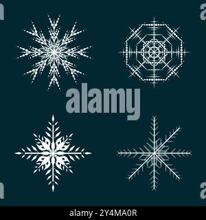 Quattro diverse icone di neve piatta, silhouette. Bell'elemento per il banner natalizio, i biglietti. Concetto di ornamento per l'anno nuovo Illustrazione Vettoriale