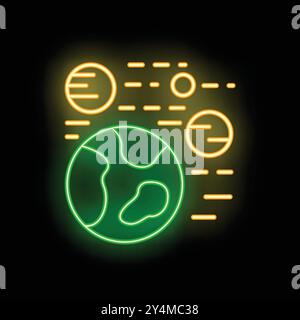 Segno al neon che rappresenta la terra che ruota intorno al sole con pianeti e stelle in uno stile luminoso e luminoso Illustrazione Vettoriale