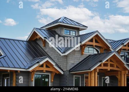 Primo piano del tetto posteriore della casa con cuciture e dispositivi di fissaggio. Moderna lamiera di copertura in acciaio zincato con nervature. Pannello in metallo nero dallo stile classico Foto Stock