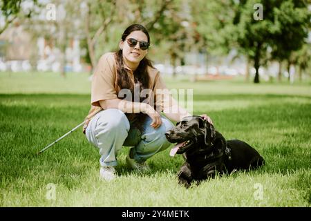 Ritratto di una giovane donna con disabilità che accarezza il suo Labrador nero mentre posano per una foto Foto Stock