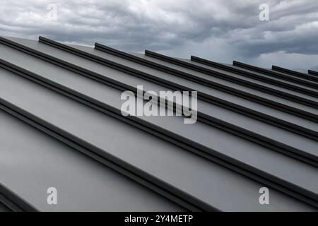 Primo piano del tetto posteriore della casa con cuciture e dispositivi di fissaggio. Moderna lamiera di copertura in acciaio zincato con nervature. Pannello in metallo nero dallo stile classico Foto Stock