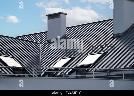 Primo piano del tetto posteriore della casa con cuciture e dispositivi di fissaggio. Moderna lamiera di copertura in acciaio zincato con nervature. Pannello in metallo nero dallo stile classico Foto Stock