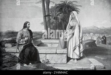 Jesus and the Woman of Samaria di Jacob's Well from Painting di J.R. Herbert nell'edizione 1902 della Bibbia del bambino stampò Cassell and Company Limi Foto Stock