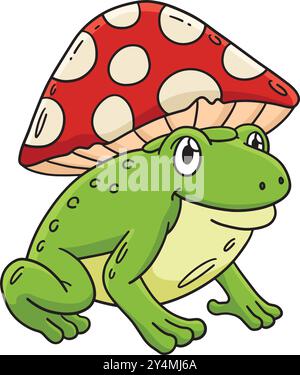 Rana con cappello di fungo Clipart colorato di cartoni animati Illustrazione Vettoriale