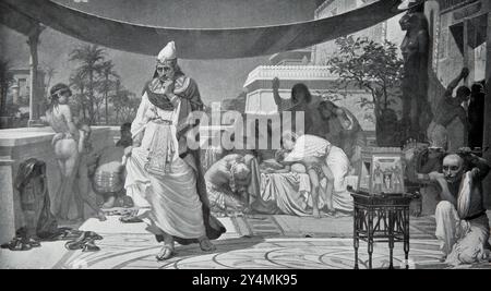 La morte del primogenito del Faraone (decima peste) da Pittura di Ernest Normand nell'edizione 1902 della Bibbia del bambino stampata Cassell and Company Foto Stock